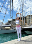 Two Piece Matched Set: White & Pink Rose Athletic Top + Leggings with Pink Rose
