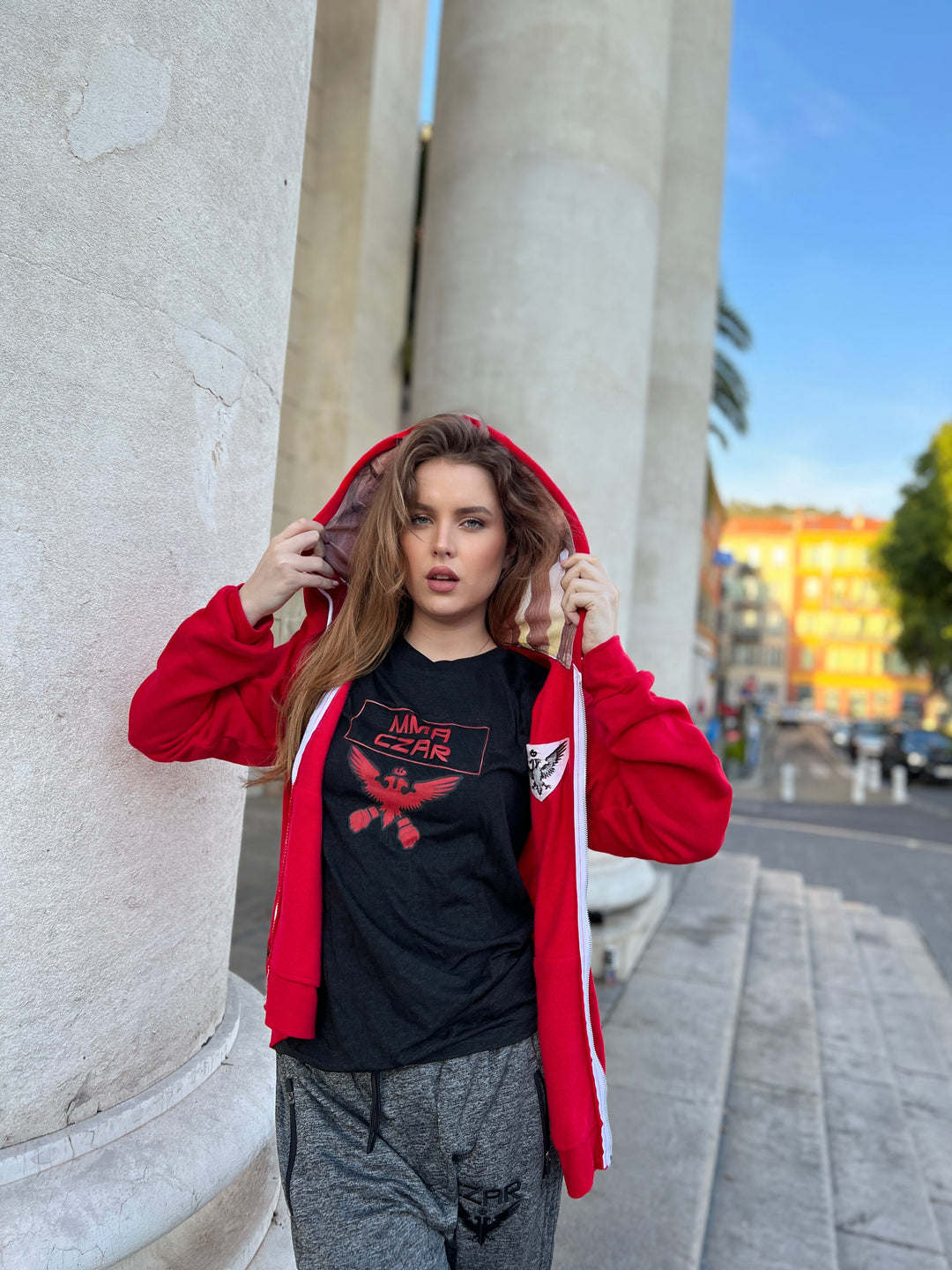 Red Zip Hoodie with Build Your Empire hoodie liner