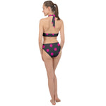 Black Halter Side Cut Swimsuit with Fuschia Pink Dots