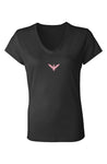 Ladies Black V-Neck T-Shirt with pink and white em