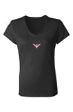 Ladies Black V-Neck T-Shirt with pink and white em