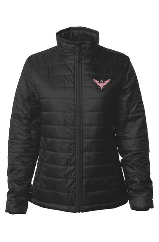 Women's Black Puffer Jacket with Pink Embroidered Eagle from Czar Clothing and Czarina Clothing