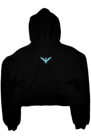 Black crop fleece hoodie with Blue Embroidery