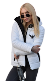 White Puffer Jacket with Black Accents and Eagle