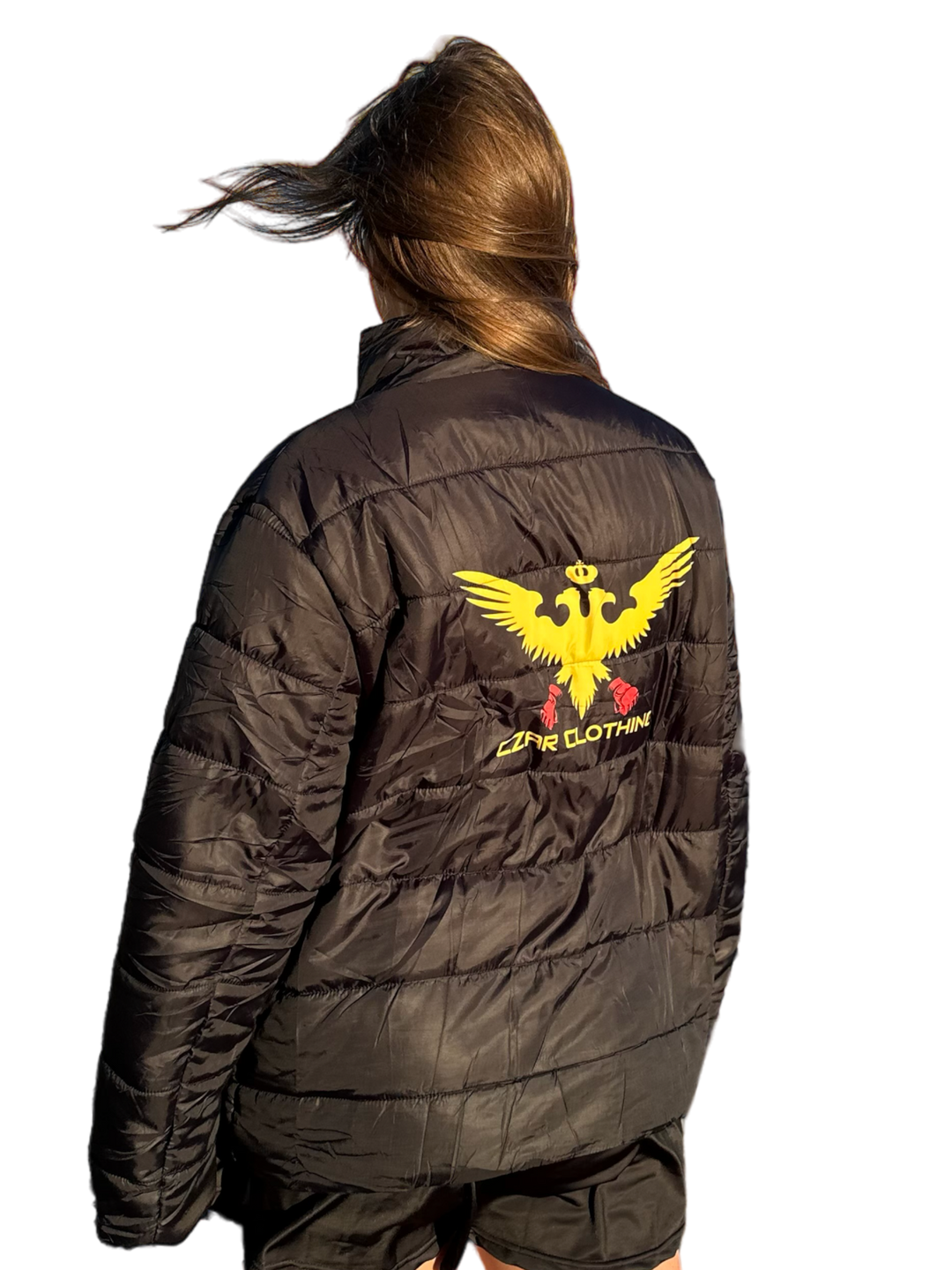 Black Puffer Jacket with Gold Fighting Eagle