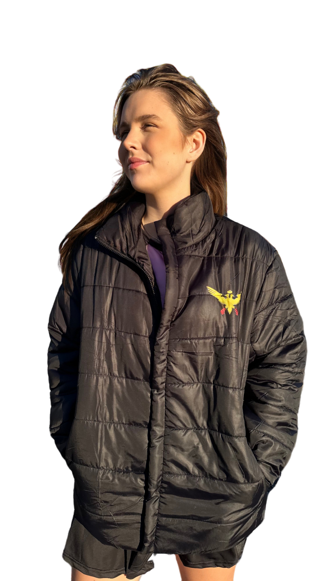 Black Puffer Jacket with Gold Fighting Eagle