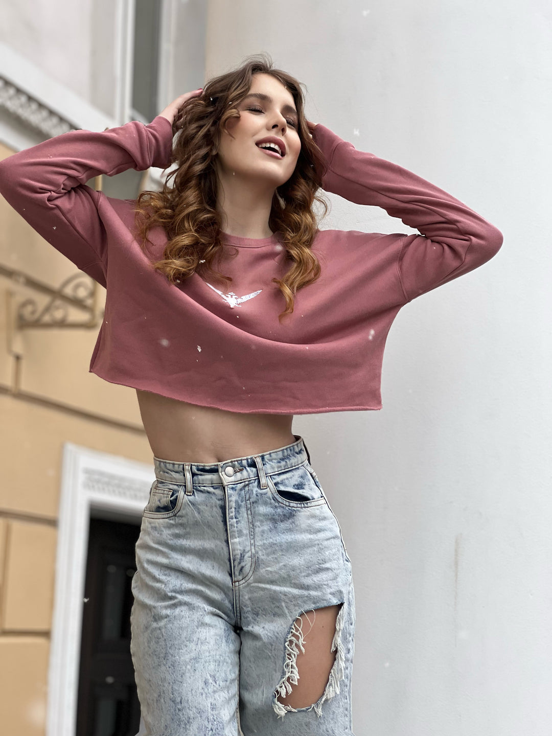 Pink long sleeve cropped shirt with Embroidered White Double Headed Eagle