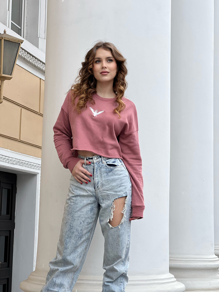 Pink long sleeve cropped shirt with Embroidered White Double Headed Eagle