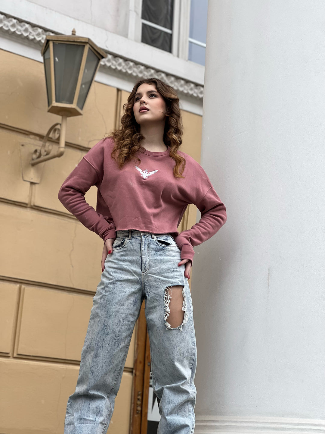 Pink long sleeve cropped shirt with Embroidered White Double Headed Eagle