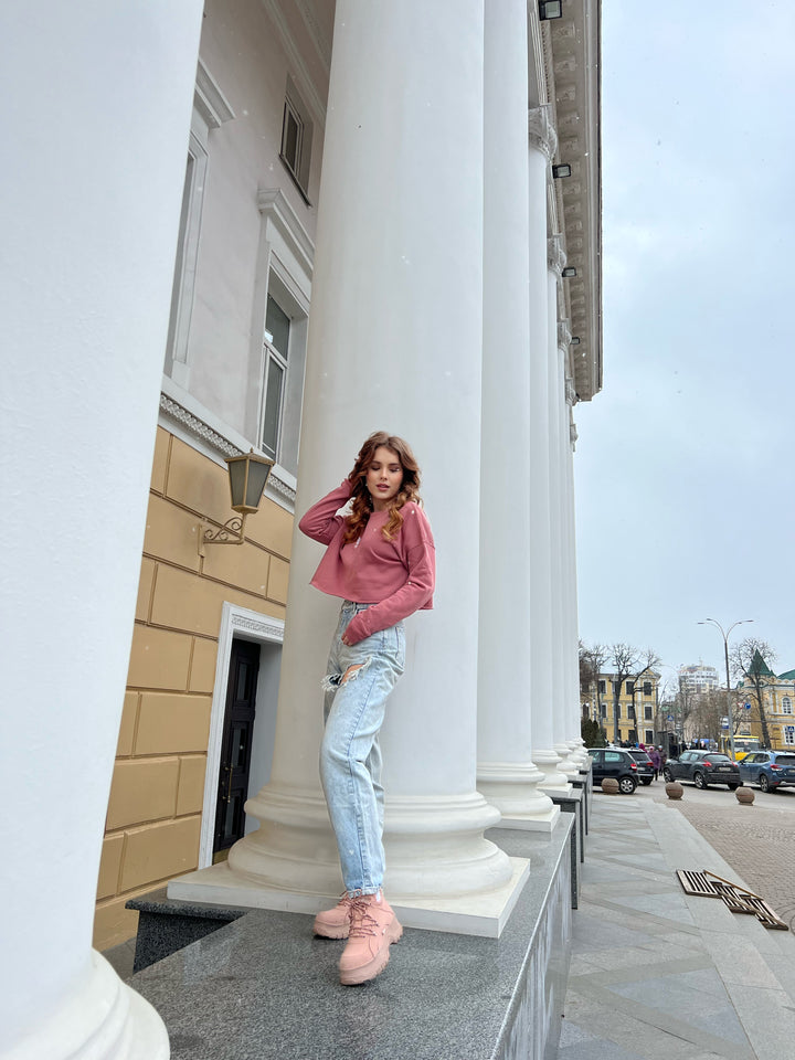 Pink long sleeve cropped shirt with Embroidered White Double Headed Eagle