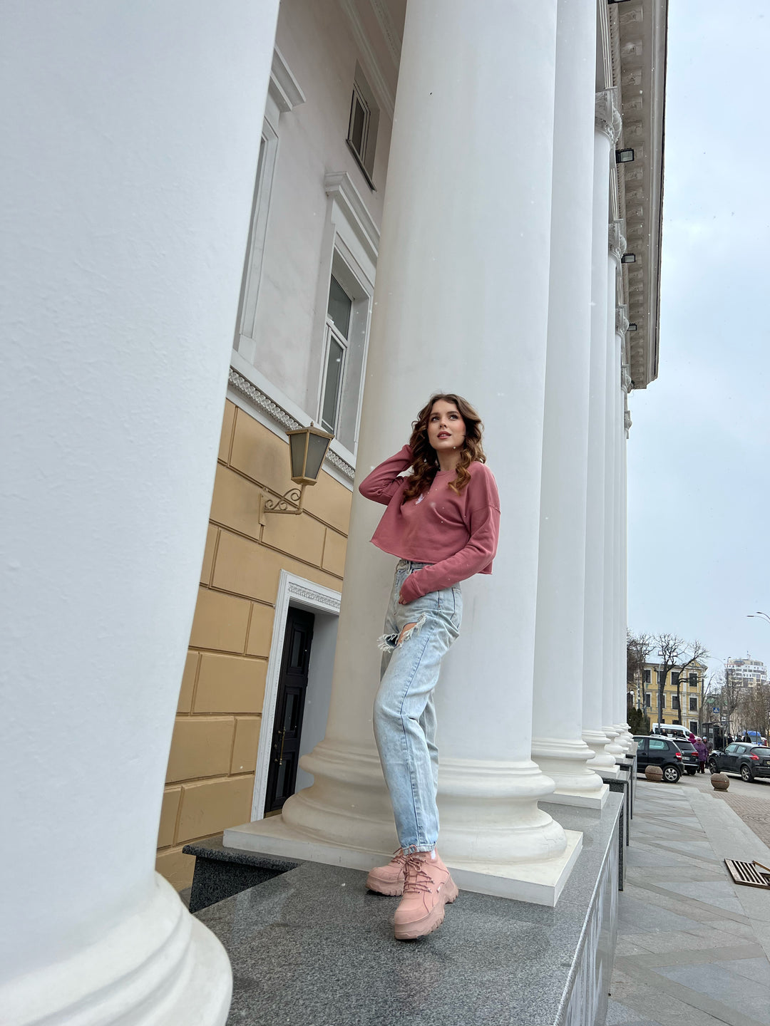 Pink long sleeve cropped shirt with Embroidered White Double Headed Eagle