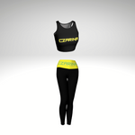 Matched set with black leggings and a black athletic top with yellow Czarina design on the waistband and yellow Czarina design on the athletic top.