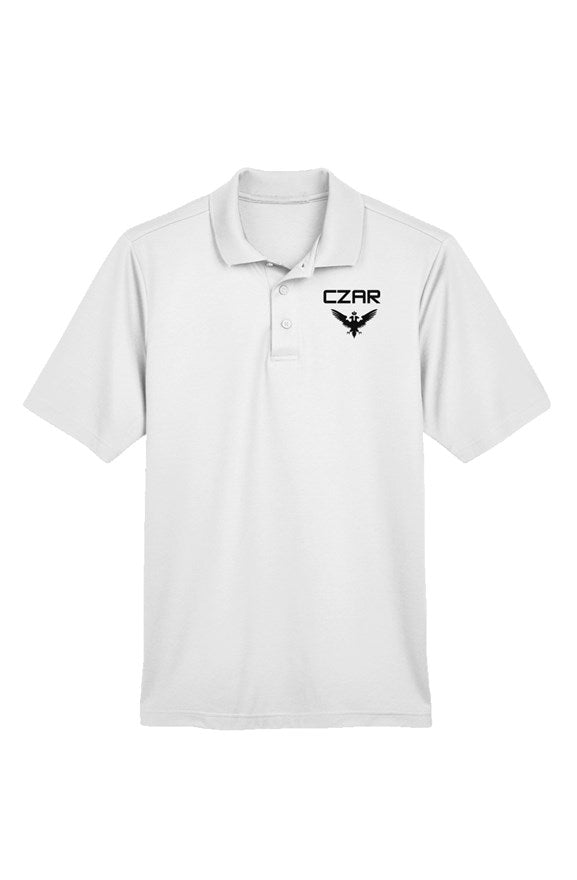 White Embroidered Czar Performance Polo:CZAR TEXT+