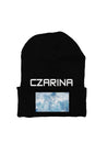 Black beanie with blue sky design and white embroidered CZARINA from Czar Clothing