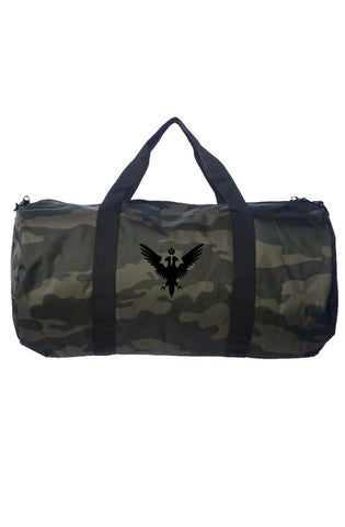 Forest Camo Duffle Bag with a Black Embroidered Double Headed Eagle on the side