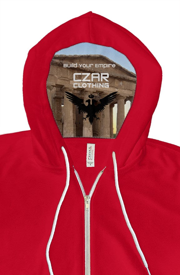 Red Zip Hoodie with Build Your Empire hoodie liner