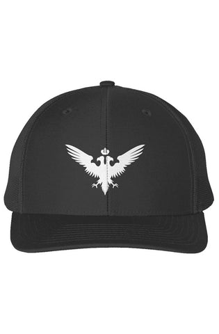 Black Snapback Trucker Cap with White Embroidered Double Headed Eagle
