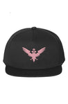 Black 5-Panel Cotton Twill Snapback Cap with Embroidered Pink Double Headed Eagle