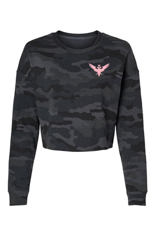 Lightweight Black Camo Cropped Crew with Pink Embroidered Eagle