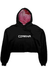 Black crop fleece hoodie with Pink Rose Hoodie Liner