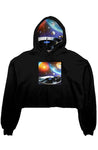 Black crop cut fleece hoodie with turntable in space