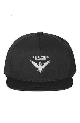 Black 5-Panel Cotton Twill Snapback Cap w White Embroidered Build Your Empire+Eagle