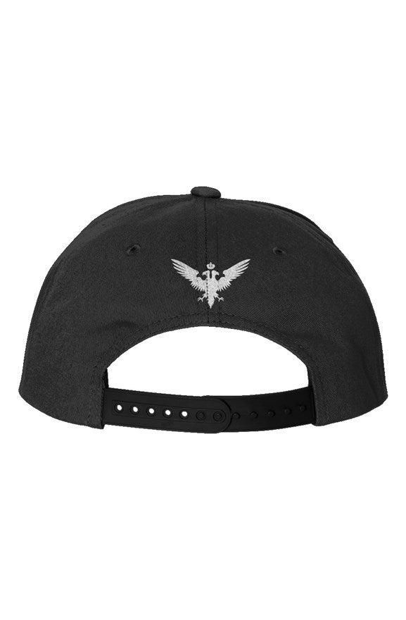 Black 5-Panel Cotton Twill Snapback Cap w White Embroidered Build Your Empire+Eagle