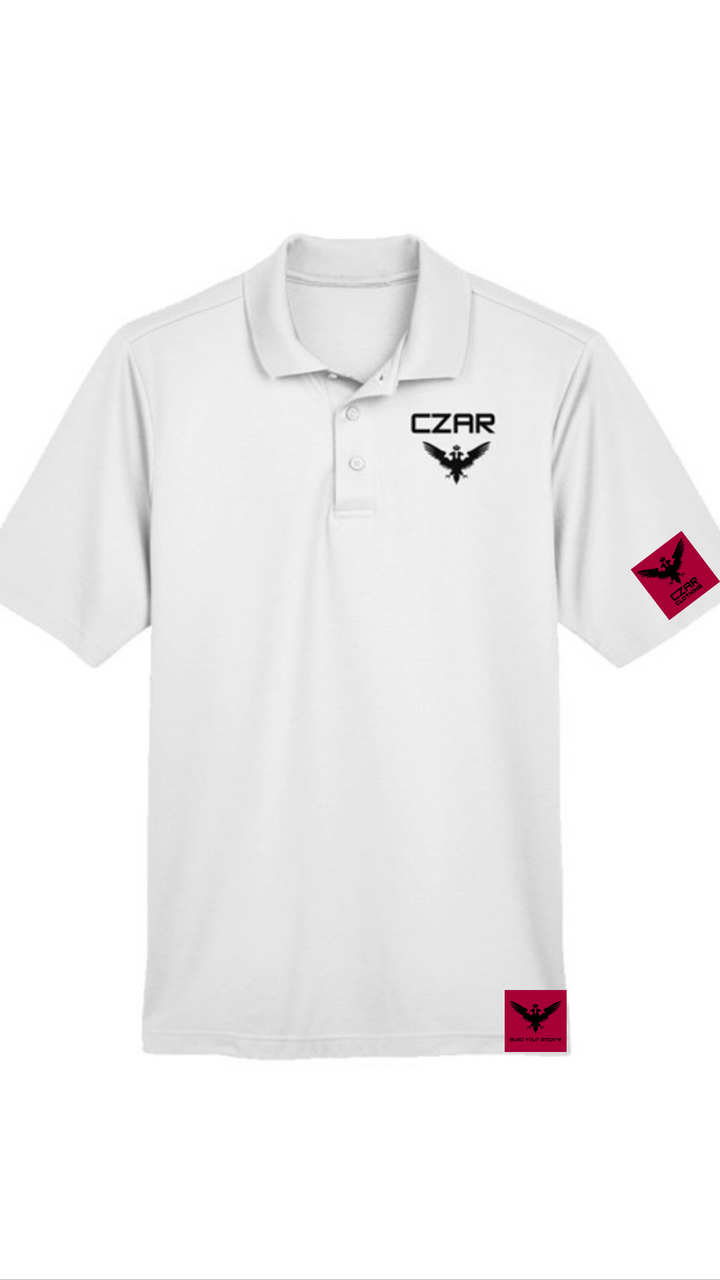 White Embroidered Czar Performance Polo:CZAR TEXT+Double Headed Eagle