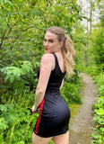 Czar Clothing versatile black bodycon dress that can be dressed up with heels or matched with tennis shoes for a sporting event. Athleisure Athleisurewear 