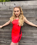 Czar Clothing versatile red bodycon athleisure dress that can be worn with sandals, heels, or tennis shoes. 
