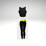 Matched set with black leggings and a black athletic top with yellow Czarina design on the waistband and yellow Czarina design on the athletic top.