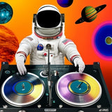 Black Long Sleeve Pocket Tee with Astronaut DJ in Space Pocket art