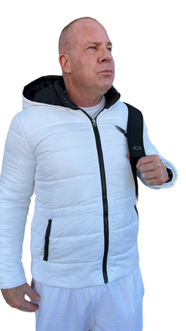 White hooded Puffer Jacket with Black Double Headed Eagle