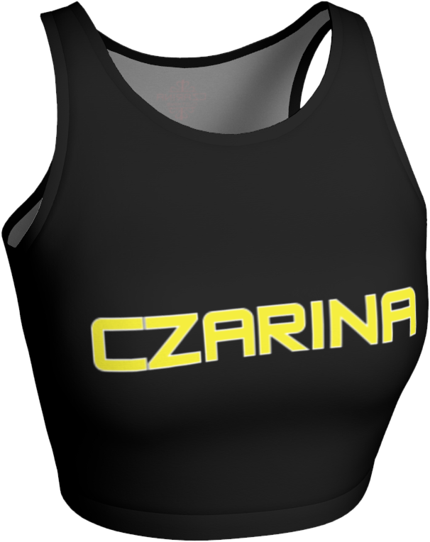  black athletic top with yellow Czarina text design on the athletic top.