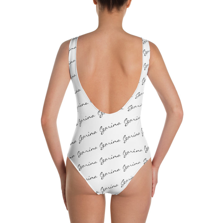 White One Piece Swimsuit with Black Cursive Czarina