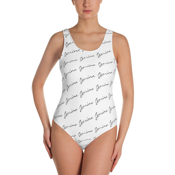 White One Piece Swimsuit with Black Cursive Czarina