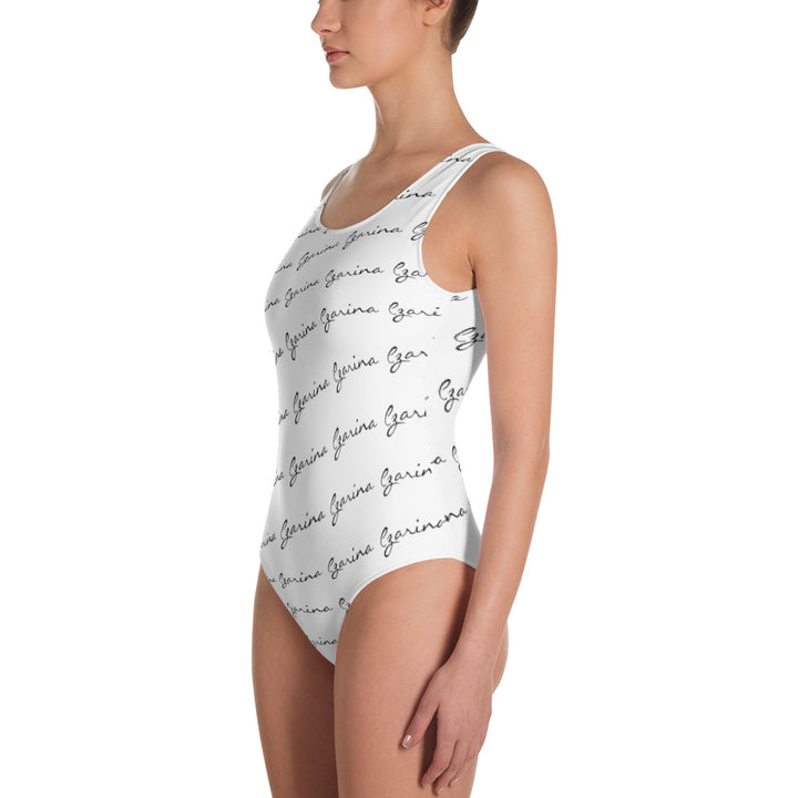 White One Piece Swimsuit with Black Cursive Czarina