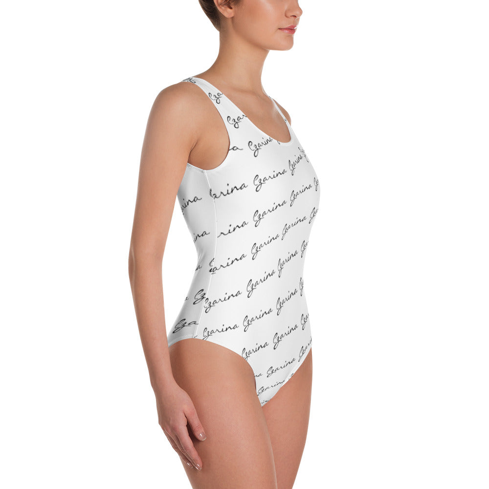 White One Piece Swimsuit with Black Cursive Czarina