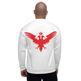 Red Czar Vertical Unisex Bomber Jacket with the Red Double Headed Eagle on the back.
