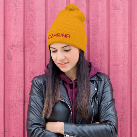 Mustard Yellow Pom-Pom Beanie hat with embroidery from Czar Clothing