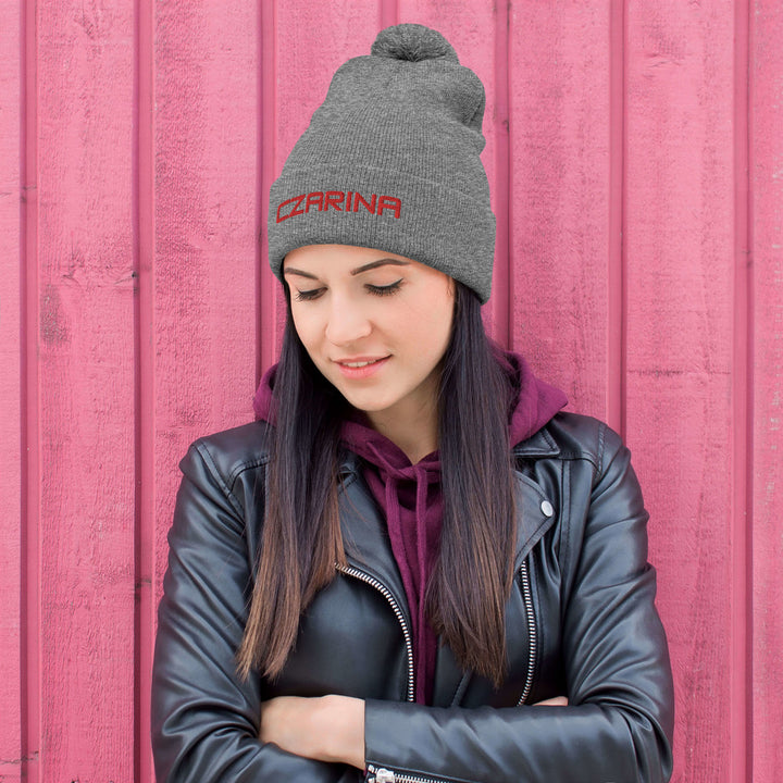 Embroidered Gray Pom-Pom Beanie Hat from Czar Clothing