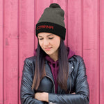 Gray Pom-Pom Beanie Hat with black band from Czar Clothing with red embroidery